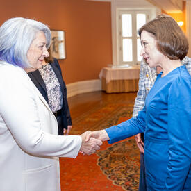 Governor General Mary Simon and Moldovan President Maia Sandu shake hands. 