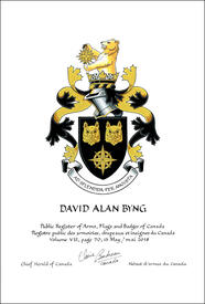 Letters patent granting heraldic emblems to David Alan Byng