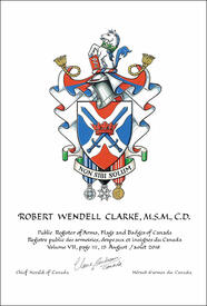 Letters patent granting heraldic emblems to Robert Wendell Clarke