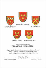 Letters patent granting heraldic emblems to Gérardine Boulette