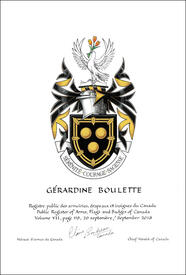 Letters patent granting heraldic emblems to Gérardine Boulette