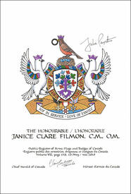 Letters patent granting heraldic emblems to Janice Clare Filmon