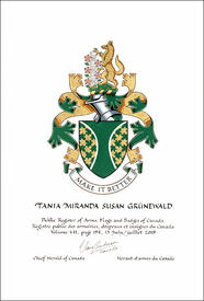 Letters patent granting heraldic emblems to Tania Miranda Susan Grünewald