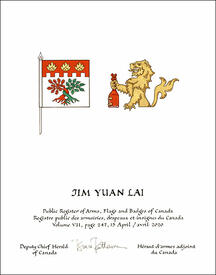 Letters patent granting heraldic emblems to Jim Yuan Lai