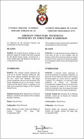 Lettres patentes approuvant les emblèmes héraldiques d'un Technicien en structures d’aéronefs de l’Aviation royale canadienne