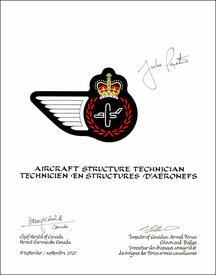 Letters patent approving the heraldic emblems of an Aircraft Structure Technician of the Royal Canadian Air Force