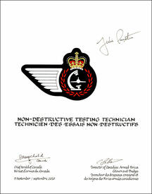 Lettres patentes approuvant les emblèmes héraldiques d'un Technicien des essais non destructifs de l’Aviation royale canadienne