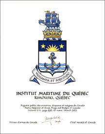 Lettres patentes concédant des emblèmes héraldiques à l'Institut maritime du Québec