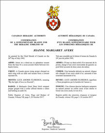 Lettres patentes confirmant un blason supplémentaire pour les emblèmes héraldiques de Joanne Margaret Avery