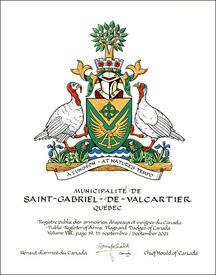 Letters patent granting heraldic emblems to the Municipalité de Saint-Gabriel-de-Valcartier