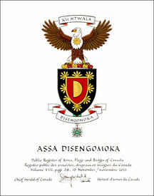 Letters patent granting heraldic emblems to Assa Disengomoka