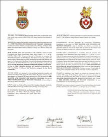 Letters patent granting heraldic emblems to The Master and Fellows of Massey College