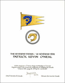 Letters patent granting heraldic emblems to Patrick Kevin O'Neal