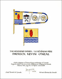 Letters patent granting heraldic emblems to Patrick Kevin O'Neal