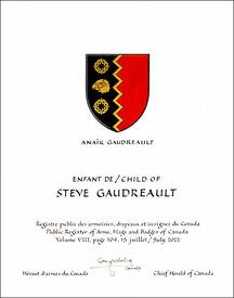 Letters patent granting heraldic emblems to Steve Gaudreault