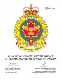 Letters patent approving the Badge of the 6 Canadian Combat Support Brigade