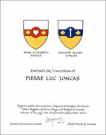 Letters patent granting heraldic emblems to Pierre Luc Joncas