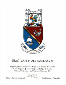 Letters patent granting heraldic emblems to Éric van Hollemeersch