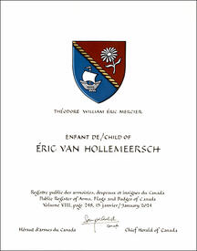 Letters patent granting heraldic emblems to Éric van Hollemeersch