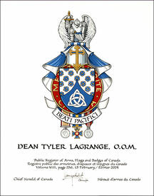 Letters patent granting heraldic emblems to Dean Tyler LaGrange