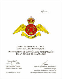 Letters patent approving the Badge of a Joint Terminal Attack Controller Instructor